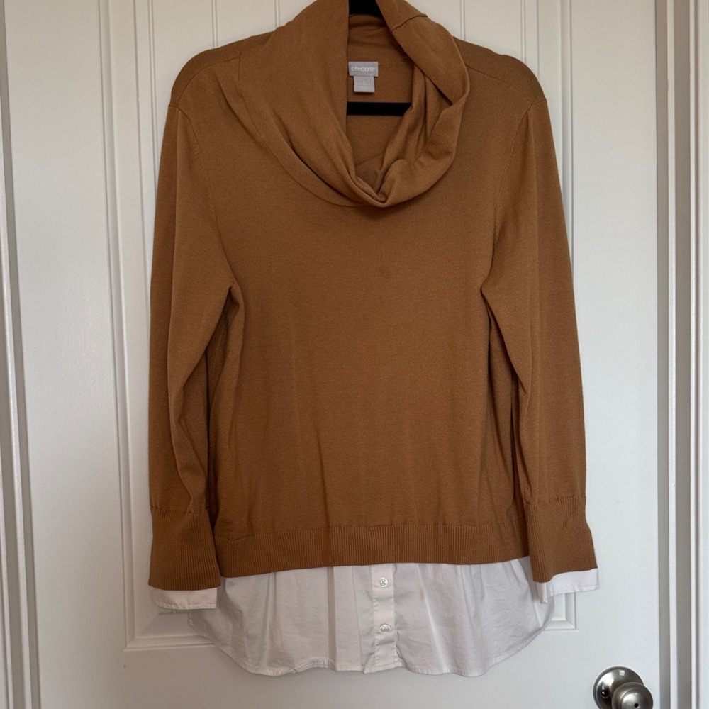 Chico's Tan Cowl Neck Sweater with White Faux Cuffs and Shirttail